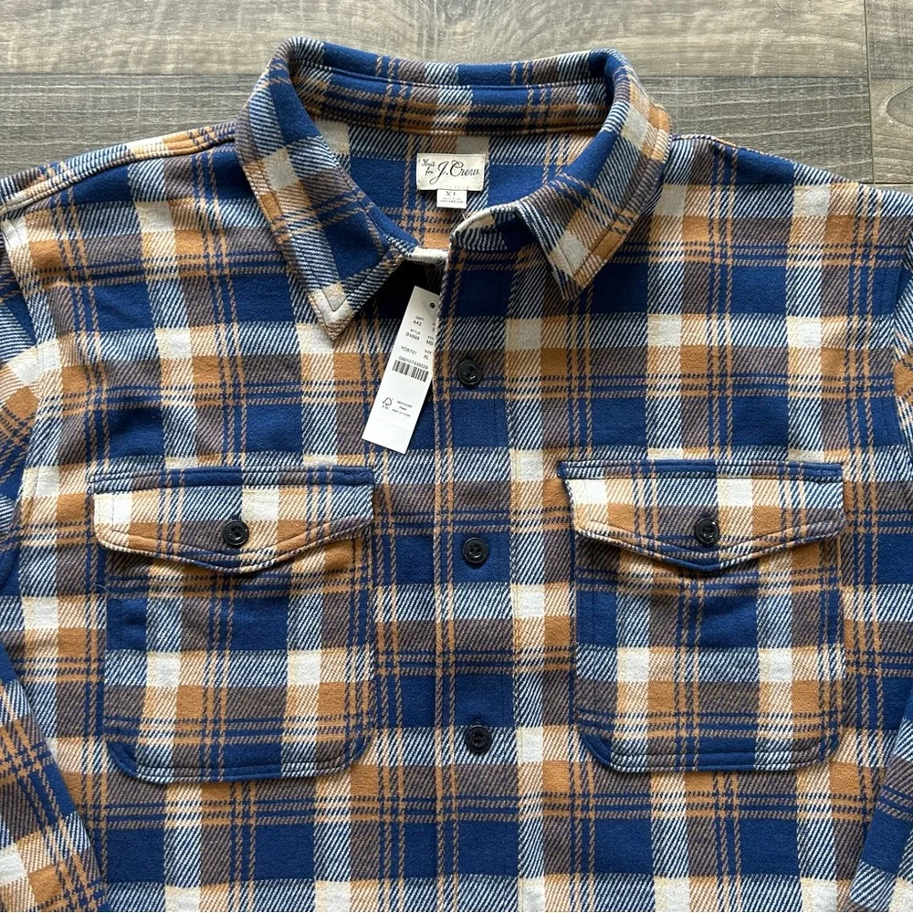 NWT J Crew Seaboard Soft Knit Shirt Men’s XL Brown Blue White Plaid BV898